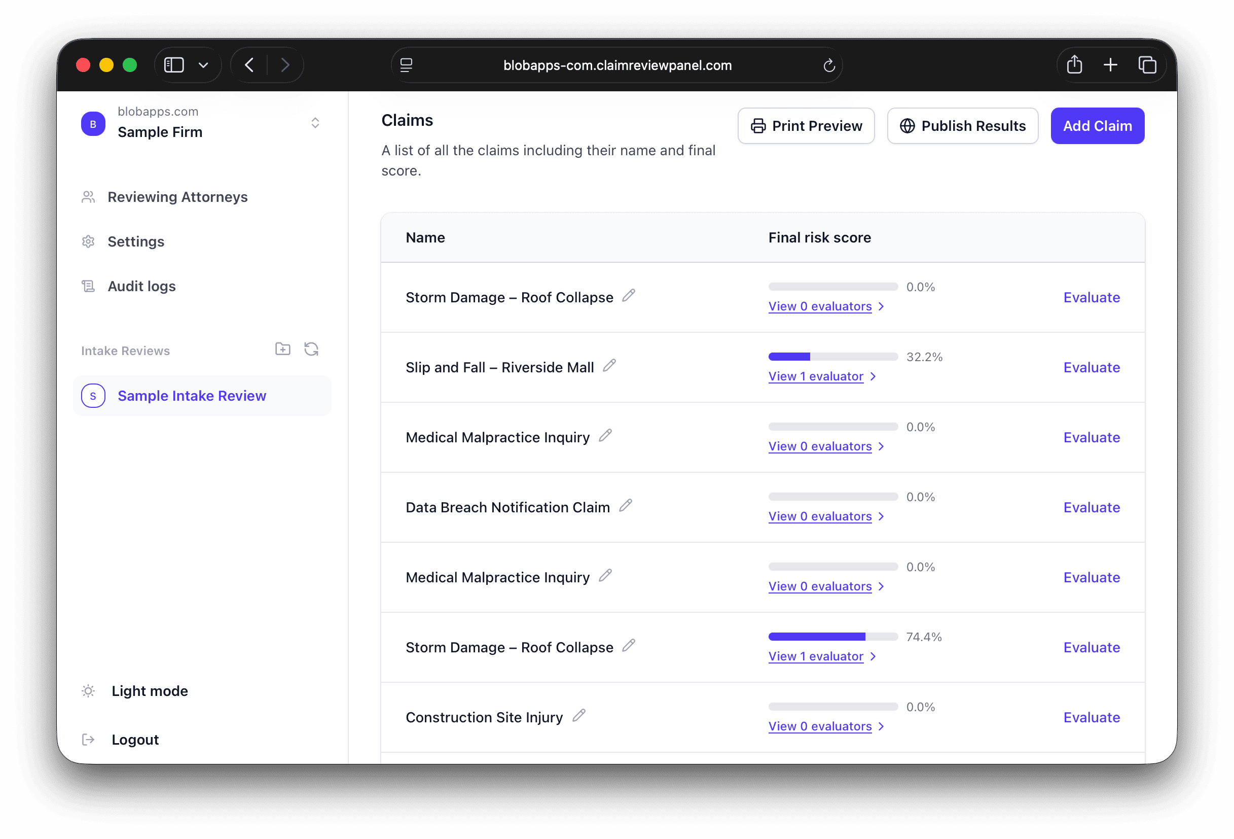 ClaimReviewPanel claims dashboard showing every intake claim with its final risk score