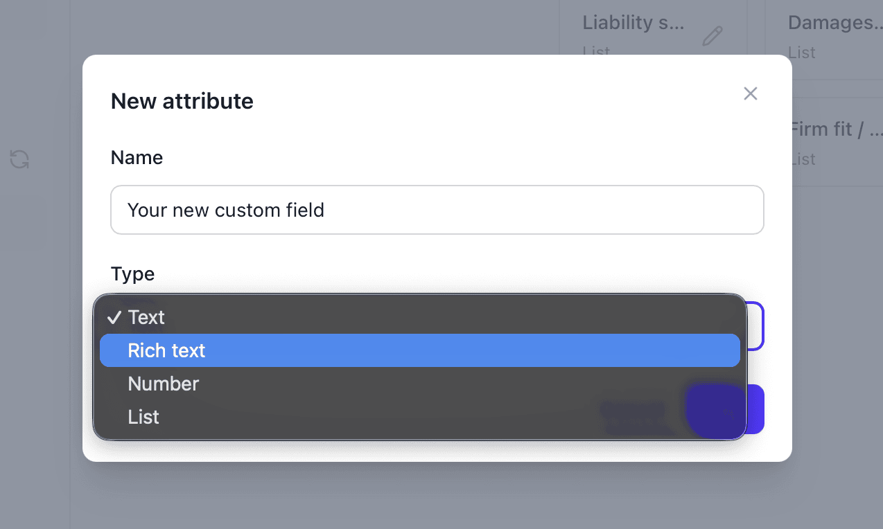 New attribute dialog for defining a custom intake criterion and its type