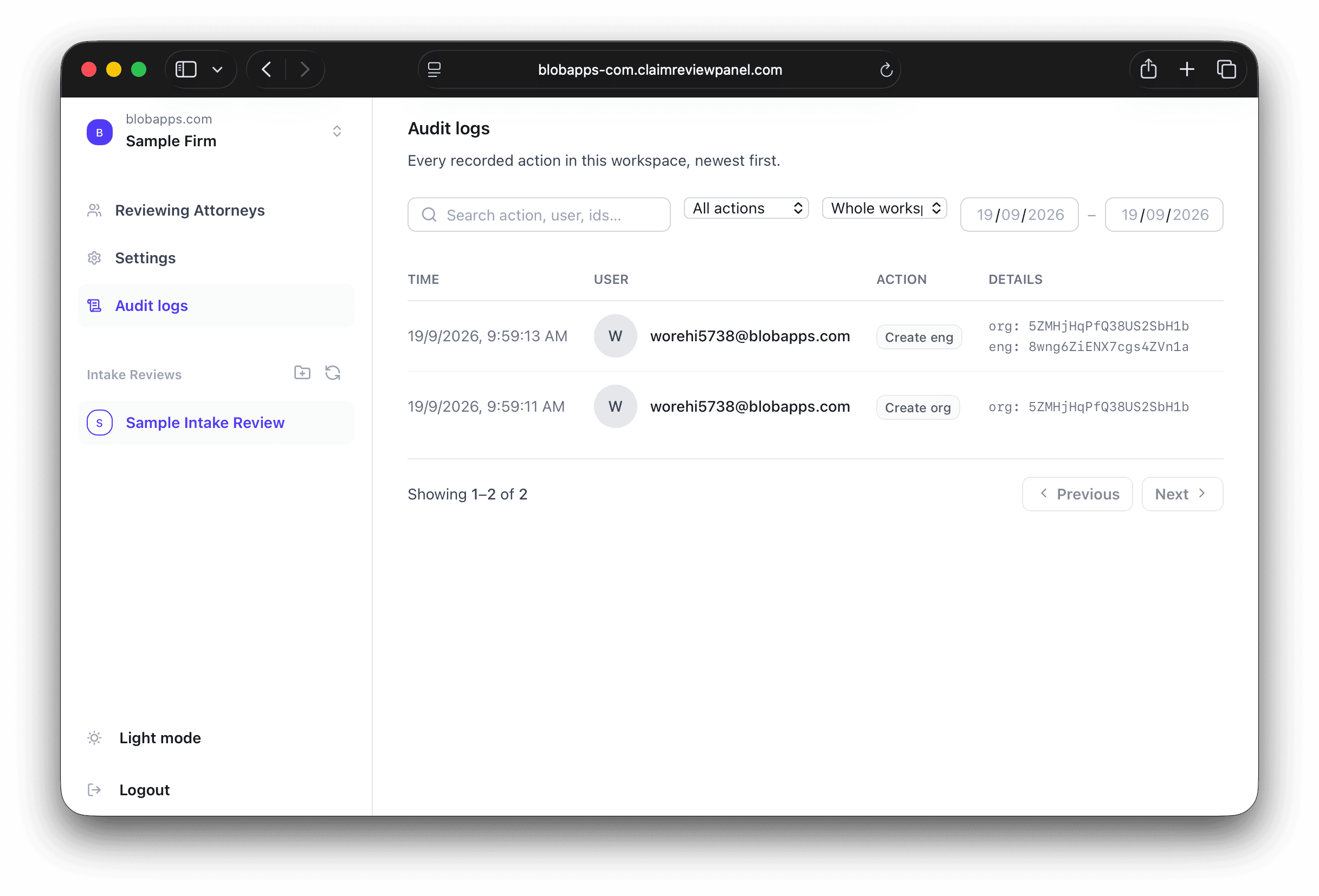 Audit log screen listing every recorded action in the workspace, newest first