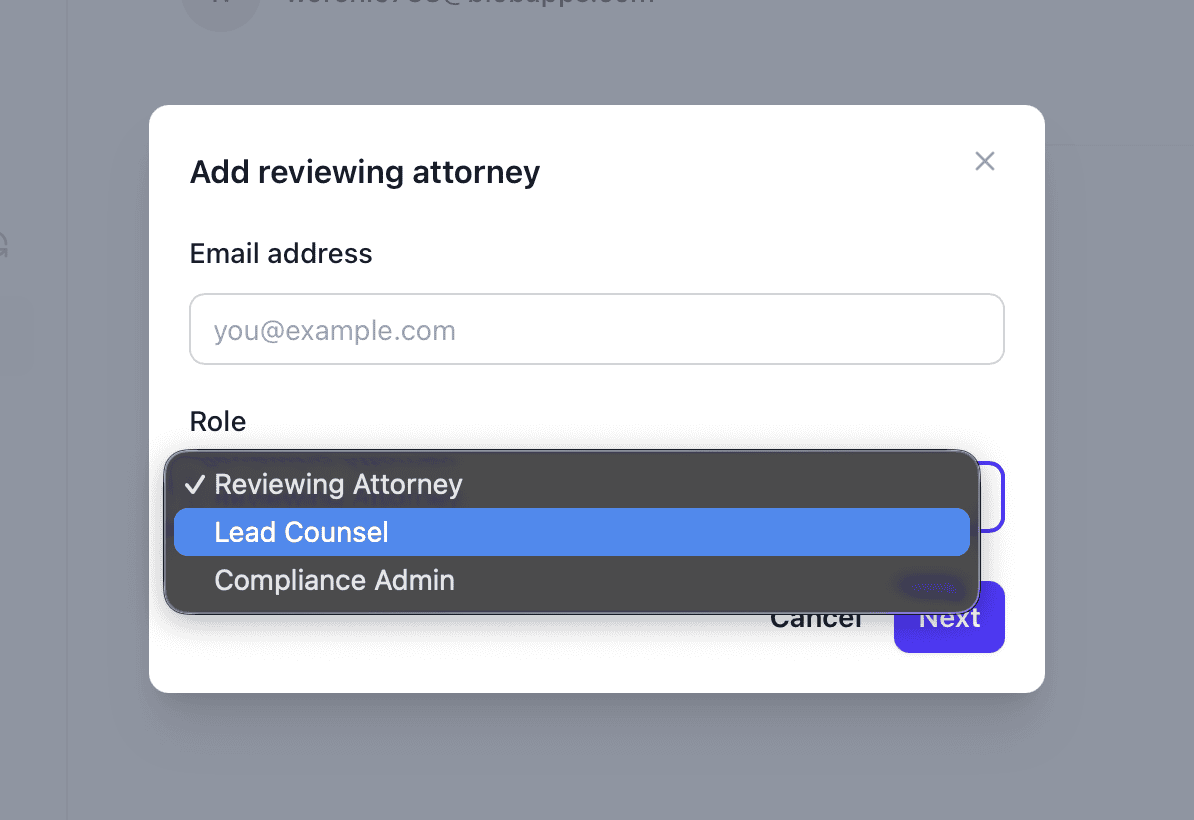 Add reviewing attorney dialog with role selection
