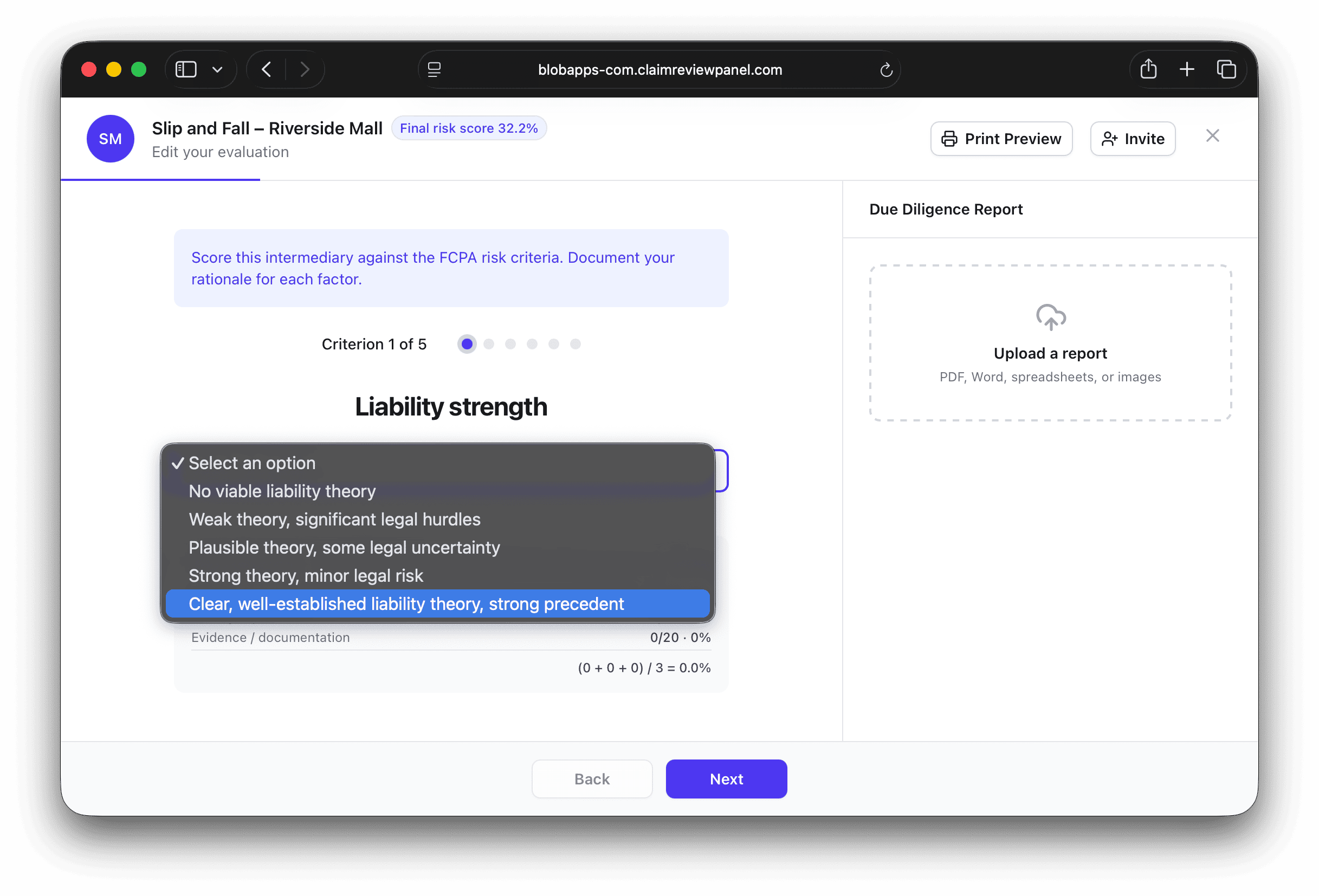 Evaluation screen scoring a claim's liability strength, with the weighted score updating live